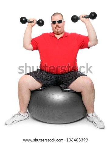 Big overweight man exercising on a white background.