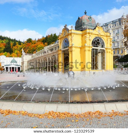 Marianske Lazne Spa, The Singing Fountain. The most famous fountain contains 10 intrinsic water jet systems with more than 250 water jets.