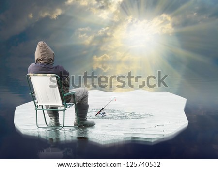 An fisherman floating on the iceberg. Spring ice thaw concept.