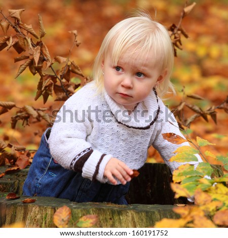 Funny kid playing peek a boo in autumn forest.