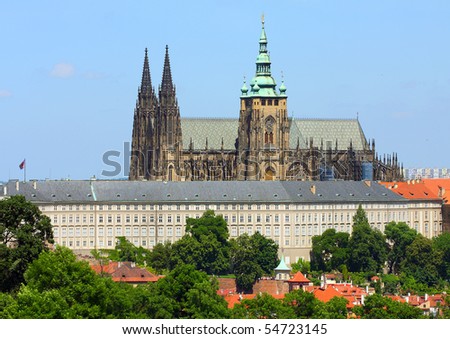 Prague Castle is a castle in Prague where the Kings of Bohemia, Holy Roman Emperors and presidents of Czechoslovakia and the Czech Republic have had their offices. Bird\'s-eyeview.