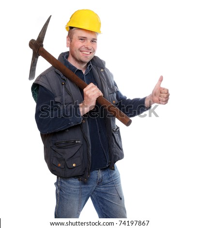 Satisfied Male Miner With Pick Axe Showing Thumbs Up. Stock Photo ...