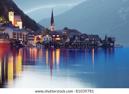 Night shot with romantic atmosphere of The Hallstatt city in a Austria - Europe.