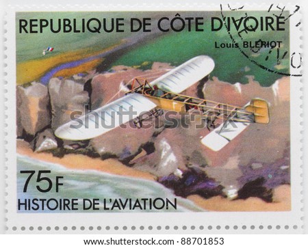 IVORY COAST - CIRCA 1977: A stamp printed in The Ivory Coast shows The Blériot XI is the aircraft in which, Louis Blériot made the first flight across the English Channel, circa 1977.