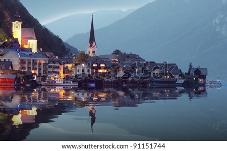 The Hallstatt city in night. Beautiful and mysterious place in Salzkammergut. Austria, Europe.