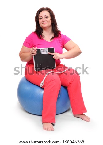 Overweight woman with measure tape and weighing machine.