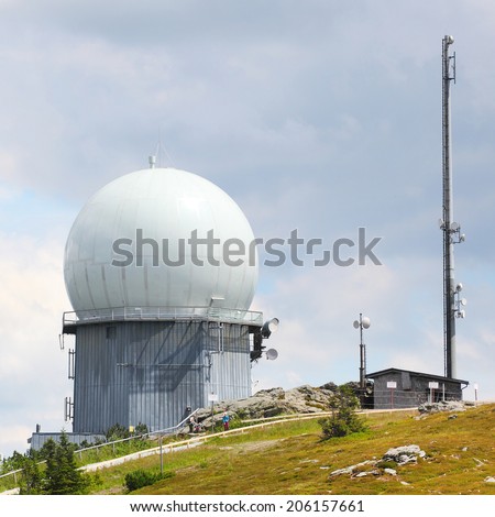 GROSSER ARBER, GERMANY - JULY 16 2014: NATO distant early warning, high-resolution radar on 1456 m high peak in Bayerische Wald. National park in Bavaria.