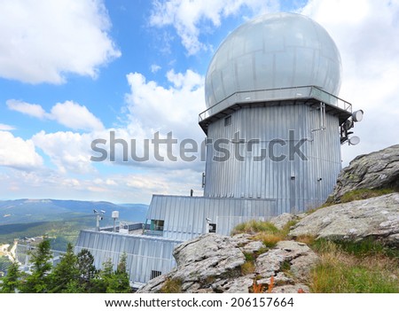 GROSSER ARBER, GERMANY - JULY 16 2014: NATO distant early warning, high-resolution radar on 1456 m high peak in Bayerische Wald. National park in Bavaria.