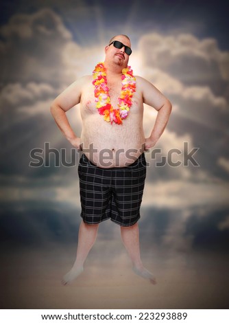 Funny picture of overweight man with hawaiian flowers on tropical beach.