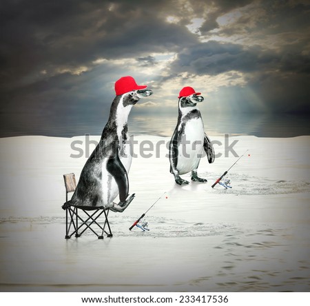 Funny picture of two penguins as a ice fishermen floating on iceberg.