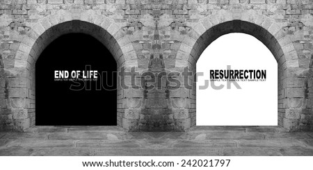 Two ancient gates (Hell or Heaven) with space for your text. Black and white photography.