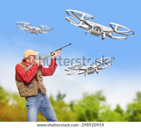 Man with shotgun shooting down drone flying over his farm. Drone and privacy theme.  Digital artwork with fictional vehicle.