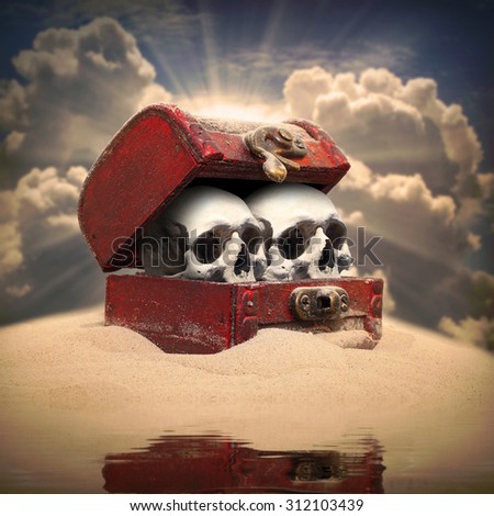 Treasure chest with skulls on a deserted island. Skeleton in the cupboard or closet metaphor.