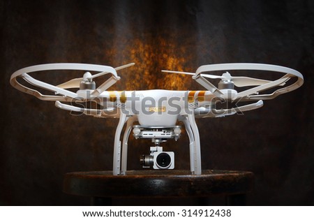 PILSEN CZECH REPUBLIC - SEPTEMBER 9, 2015: Drone quadrocopter Dji Phantom 3 Professional with high resolution digital camera (High quality 4K). New tool for aerial photo and video.