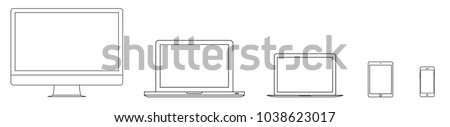 Mockup gadget and device outline icons set on the white background. Vector illustration. Laptop, tablet, smartphone and computer Set of outline