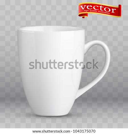 Photo realistic white cup isolated on the transparent background. Design Template for Mock Up. Vector illustration. Template ceramic clean white mug with a matte effect, without the bright glare.