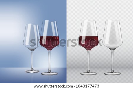 Empty and full. 3d realism, vector icon. Set transparent vector wineglass empty, with red wine on transparent background. Vector realistic wineglass empty and with red wine.