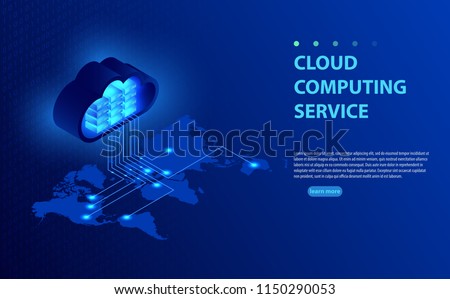 Isometric vector illustration showing concept  cloud computing. From the cloud in world map. World cloud computing concept. Web cloud technology business. Internet data services