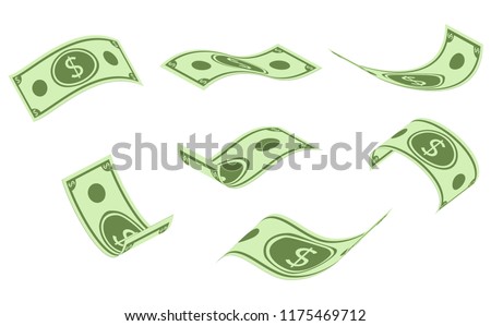 Falling dollar banknotes, money rain, flat vector illustration isolated on white background. American dollar falling set, animation ready. USD paper notes flying in the air.