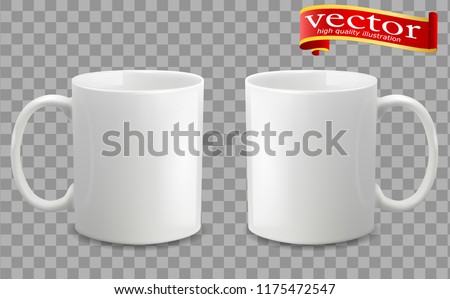 Photo realistic white cup isolated on the transparent background. Design Template for Mock Up. Vector illustration. Template ceramic clean white mug with a matte effect, without the bright glare.