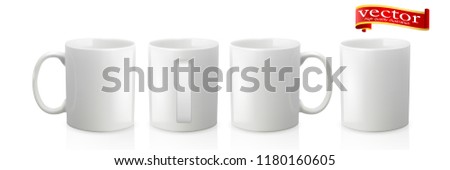 Photo realistic white cup isolated on white background. Design Template for Mock Up. Vector illustration. Template ceramic clean white mug with matte effect, without the bright glare. White tea mug.