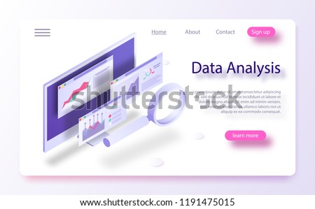 Data analytics concept banner. Modern flat design isometric concept of Data Analysis for website and mobile website. Landing page template. Report on the computer, program of statistics and analytics