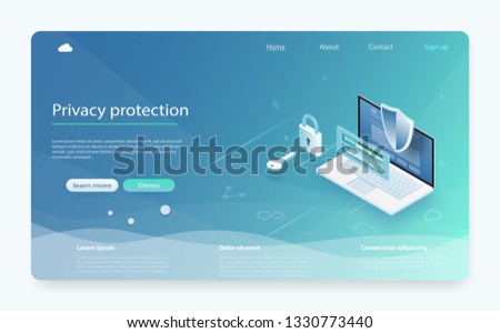 Online payment protection system concept with laptop. Banner with protect data and confidentiality. Mobile data security isometric. Security data protection concept. Online server protection system.