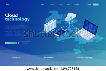 Concepts Cloud storage. Online computing technology. 3d servers and data center connection network. Design landing page. Cloud computing technology users network configuration. Internet data services.