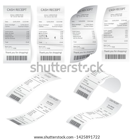 Paper financial check isolated. Bill atm template, cafe or restaurant paper financial check. Financial atm bill, cash dispenser financial invoice. Retail bill, rumpled commercial check or invoice