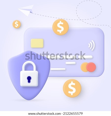 3D Money Saving icon concept. Online payment protection system with credit card. Secure bank transaction. Cartoon style credit card. Credit card shield with lock. Secure payment, payment protection