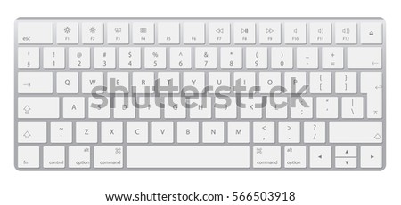 Modern aluminum computer keyboard isolated on white background. White laptop computer wireless keyboard top view with keys, vector illustration eps 10.