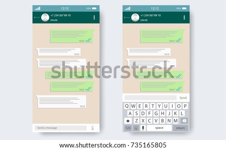 Chat app template whith mobile keyboard. Social network concept. Blank template. Messenger window. Chating and messaging concept. Vector illustration