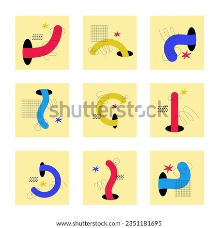 Geometric Funny Worm Character Looking Through and Out of Hole Vector Illustration Set. Cute Crawling Insect as Search and Explore Concept
