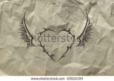 Tribal heart on crushed paper background
