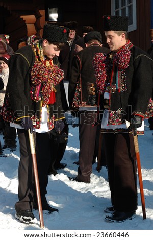 KRYVORIVNYA, UKRAINE - JANUARY 7, 2008: Gutsuls (highlanders) are preparing to sing Christmas carols (Kolyadki) for president Victor Yushchenko January 7, 2008 in Kryvorivnya, Ukraine.