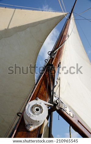 Boat standing and running rigging - mainsail,backstay,pulley blocks,winch,rope and guy lines