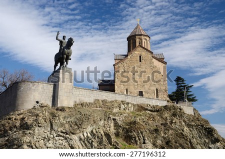 Metekhi church and King Vakhtang Gorgasali on the horse monument in Tbilisi,famous landmark,Georgia