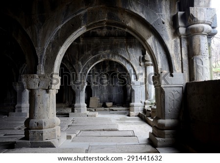 Colonnade inside medieval christian church of Sanahin Monastery complex,unesco heritage, Armenia,Central Asia