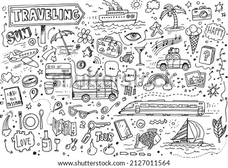 Hand drawn set of traveling doodles, vector elements on white paper

