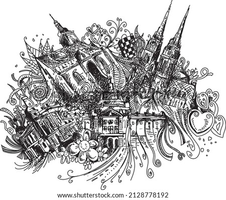 Zagreb capital city of Croatia, hand drawn doodles with main attractions