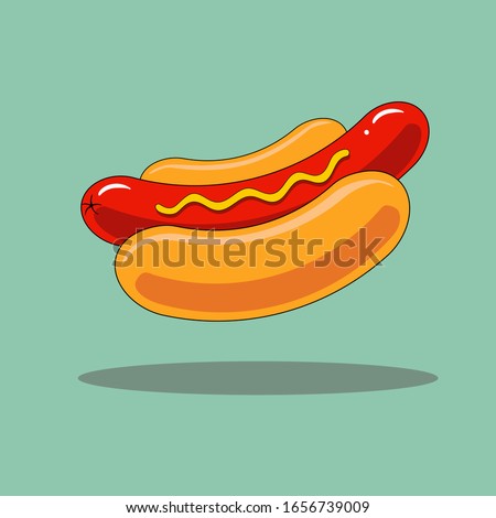 Hand drawn doodle hot dog with long appetizing Vienna sausage with mustard in the traditional bun on gray background with shadow. Typical New York style fast food from city street vending cart