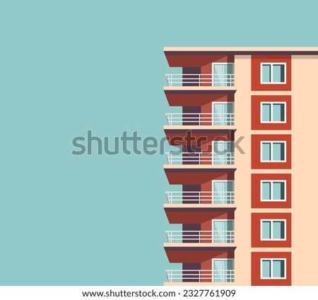 Vector illustration of modern multicolored multistory high-rise residential apartment building house. Front view with windows balconies with roof on sunny day. Real estate rental concept