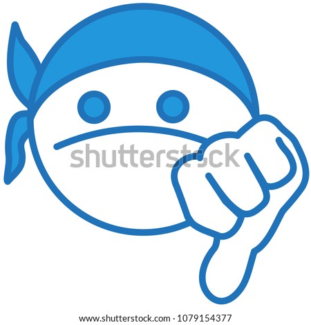 emoji with gangsta wearing a bandanna showing his disrespect by lowering his left thumb down in disdain to a bad person he dislikes, simple hand drawn emoticon, ball or circle shaped face, eps 10
