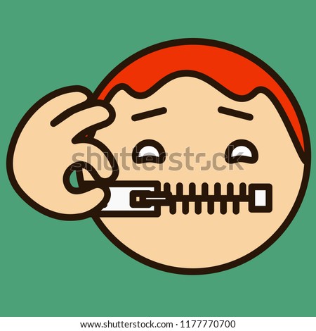emoticon with man keeps his mouth shut by closing the lip zipper with his fingers, the I'm not going to tell anyone gesture, circle shaped vector emoji in color, simplistic colorful pictogram