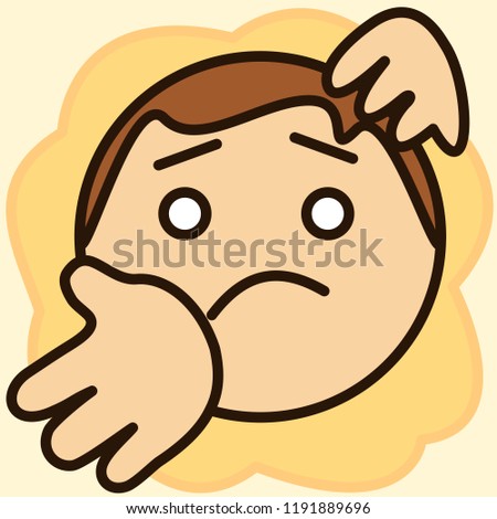 pictogram with guy that is shrugging his shoulders and showing that he has no idea about something, simple colored emoticon, circle shaped vector emoji in color, funny cartoon character from a set