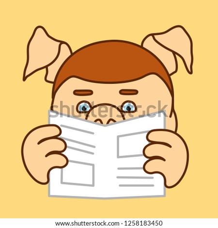 emoticon or emoji of fat pig man that is reading newspaper in the morning, father reads local news paper with weather forecasts, opinion columns & politics articles, husband looking at the gazette