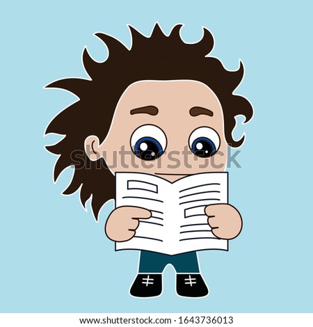 emoticon with boy that is reading newspaper in the morning, guy reads local news paper with weather forecasts, opinion columns and politics articles, hi looking at the gazette