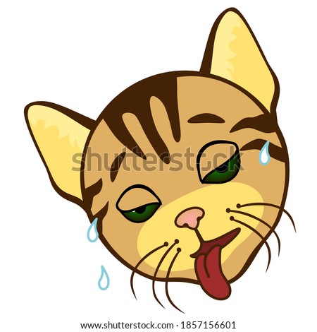 emoticon with a deadly cat sticks out its tongue, sweat flows from his forehead, color vector emoji on a white isolated background
