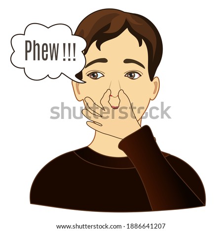 emoticon with dissatisfied man pinches his nose in disgust because something smells bad, hand drawn cartoon character