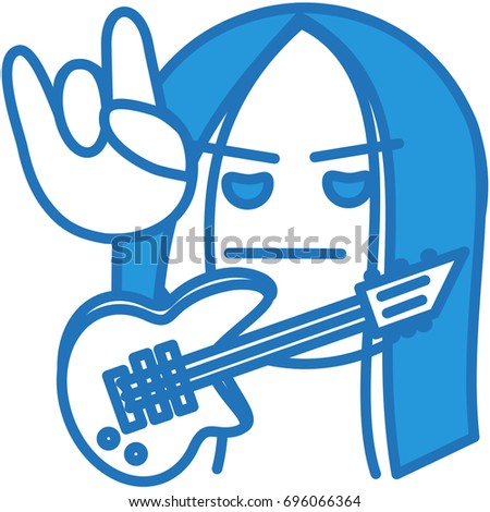 rock themed emoji with a long haired guitar player showing a sign of the horns gesture with hand, funny cartoon character with simplistic facial expression, ball or circle shaped eps 10 vector